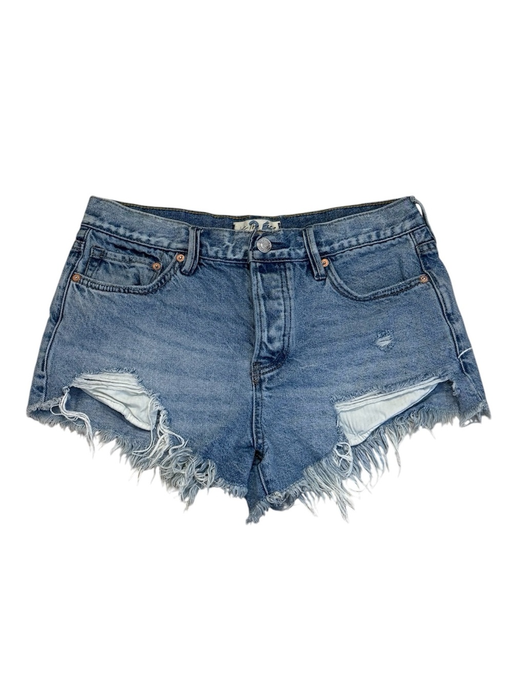 We The Free Distressed Denim High Rise Frayed Hem Shorts Cutoff Blue Jean